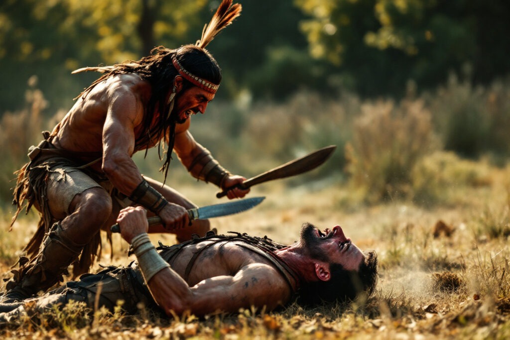 Native American and frontiersman fight