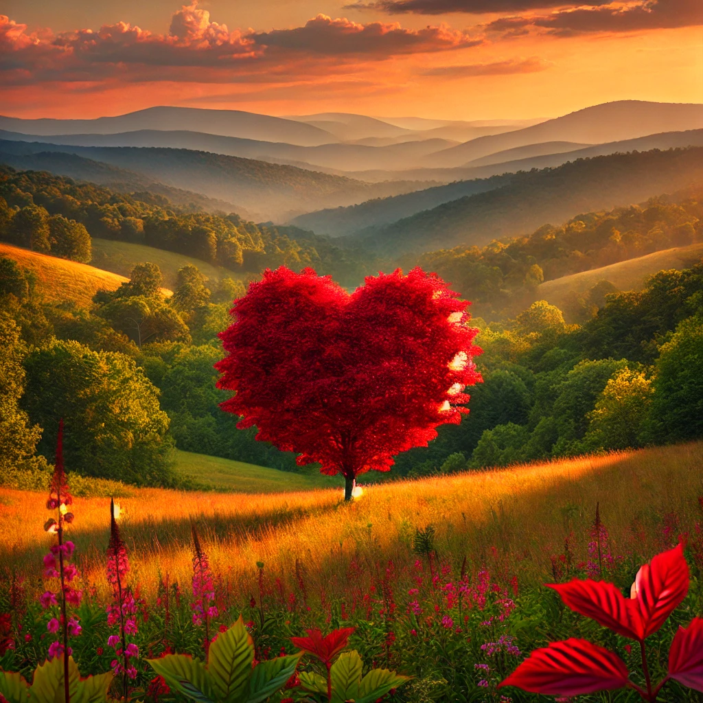 tree in field with bright red leaves