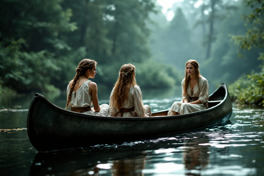 three girls in a canoe