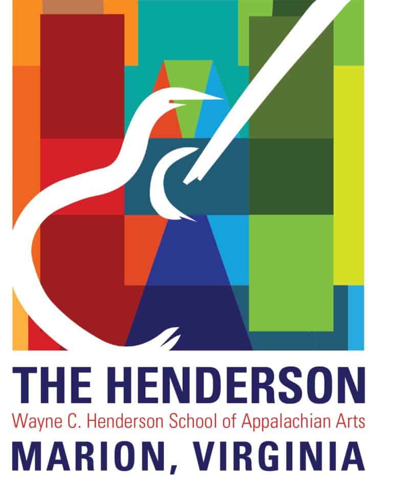 Logo for The Henderson School of Appalachian Arts in Marion, Virginia, featuring a stylized white heron holding a paintbrush on a colorful geometric background.
