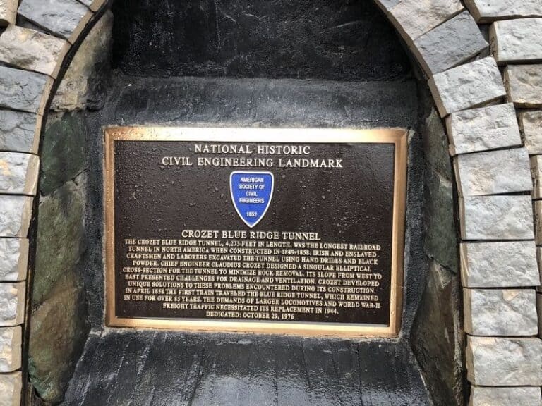 Bronze plaque marking the Crozet Blue Ridge Tunnel as a National Historic Civil Engineering Landmark