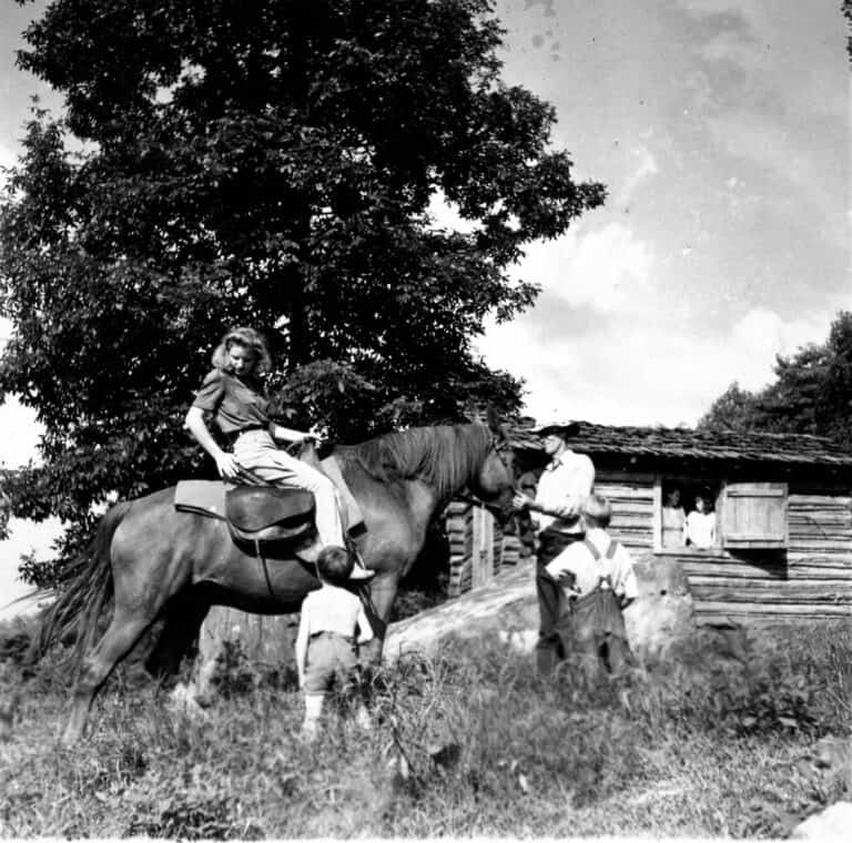 Packhorse librarian on horseback delivering books to a family outside a log house.