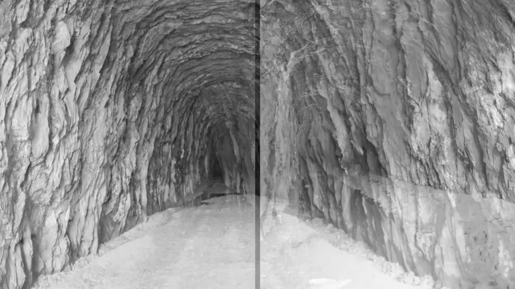 Inside view of the Blue Ridge Tunnel showing rock walls