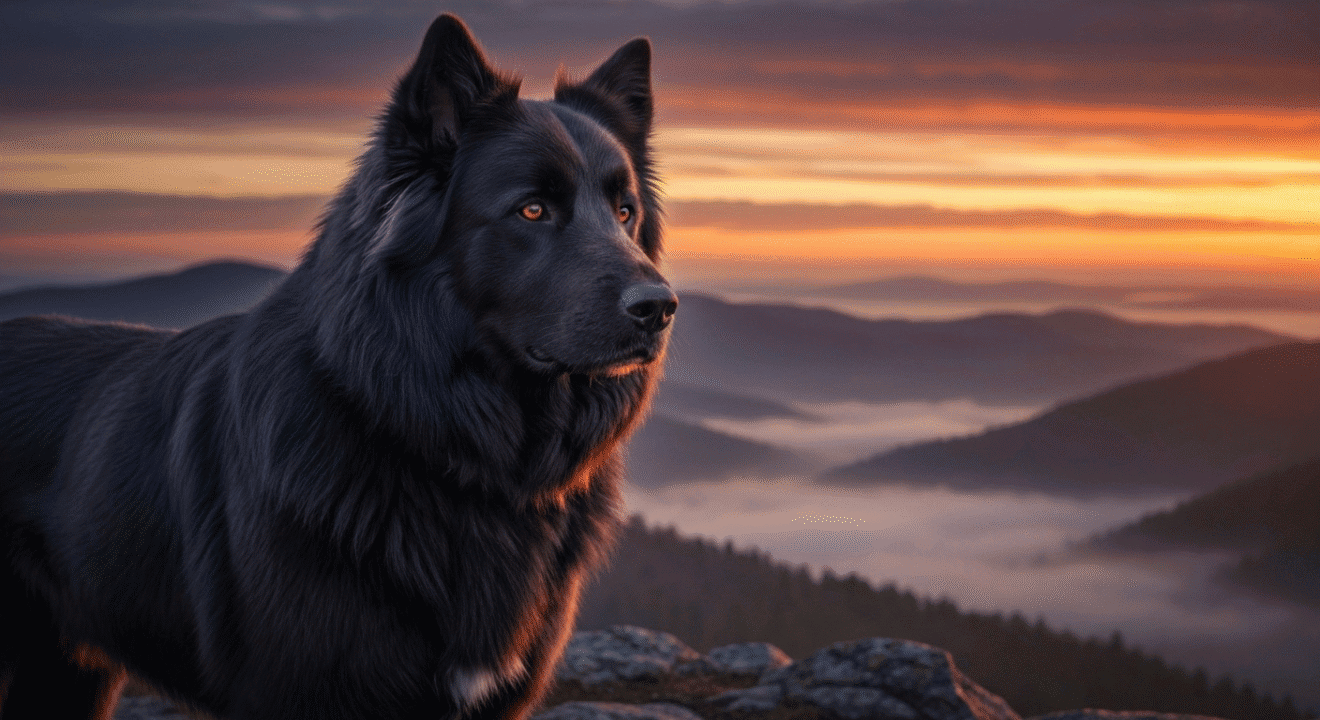 Black dog overlooking the Appalachian mountains at sunset.