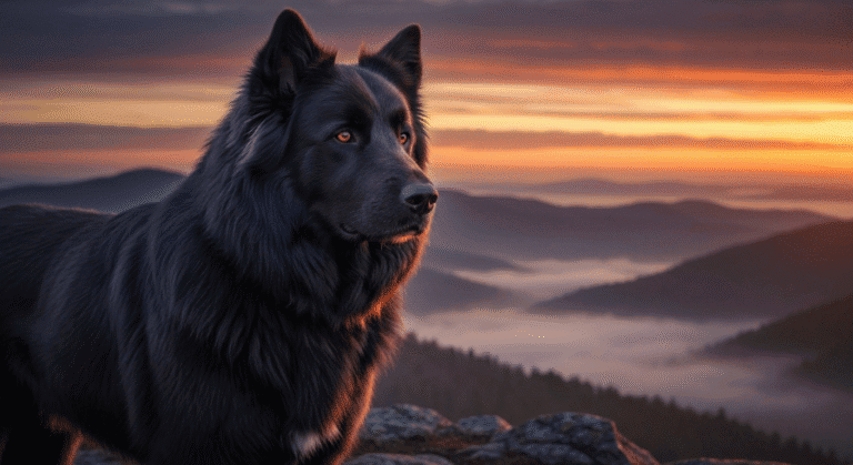 Black dog overlooking the Appalachian mountains at sunset.