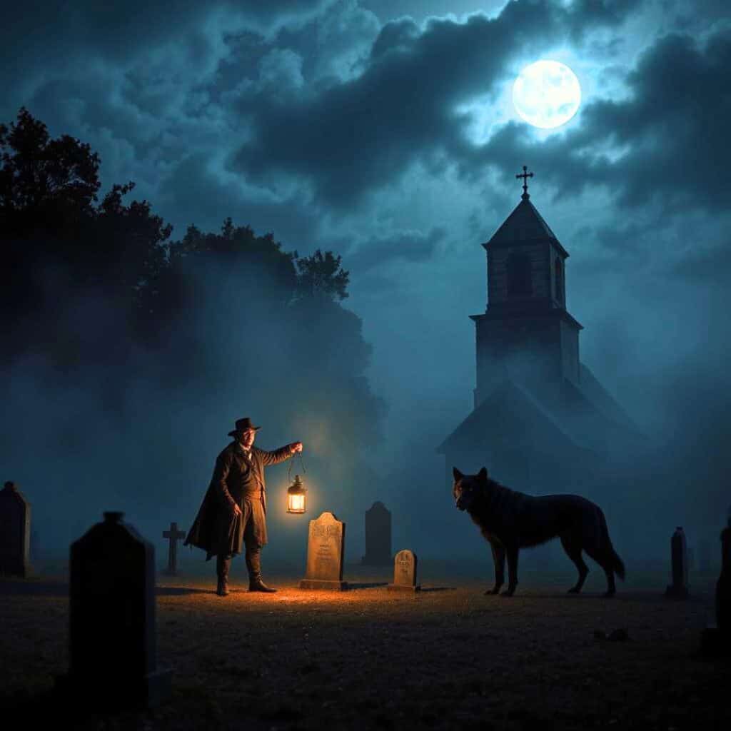 A Man with a lantern faces a black dog in a foggy churchyard under a full moon, representative of the Appalachian Black Dog legend
