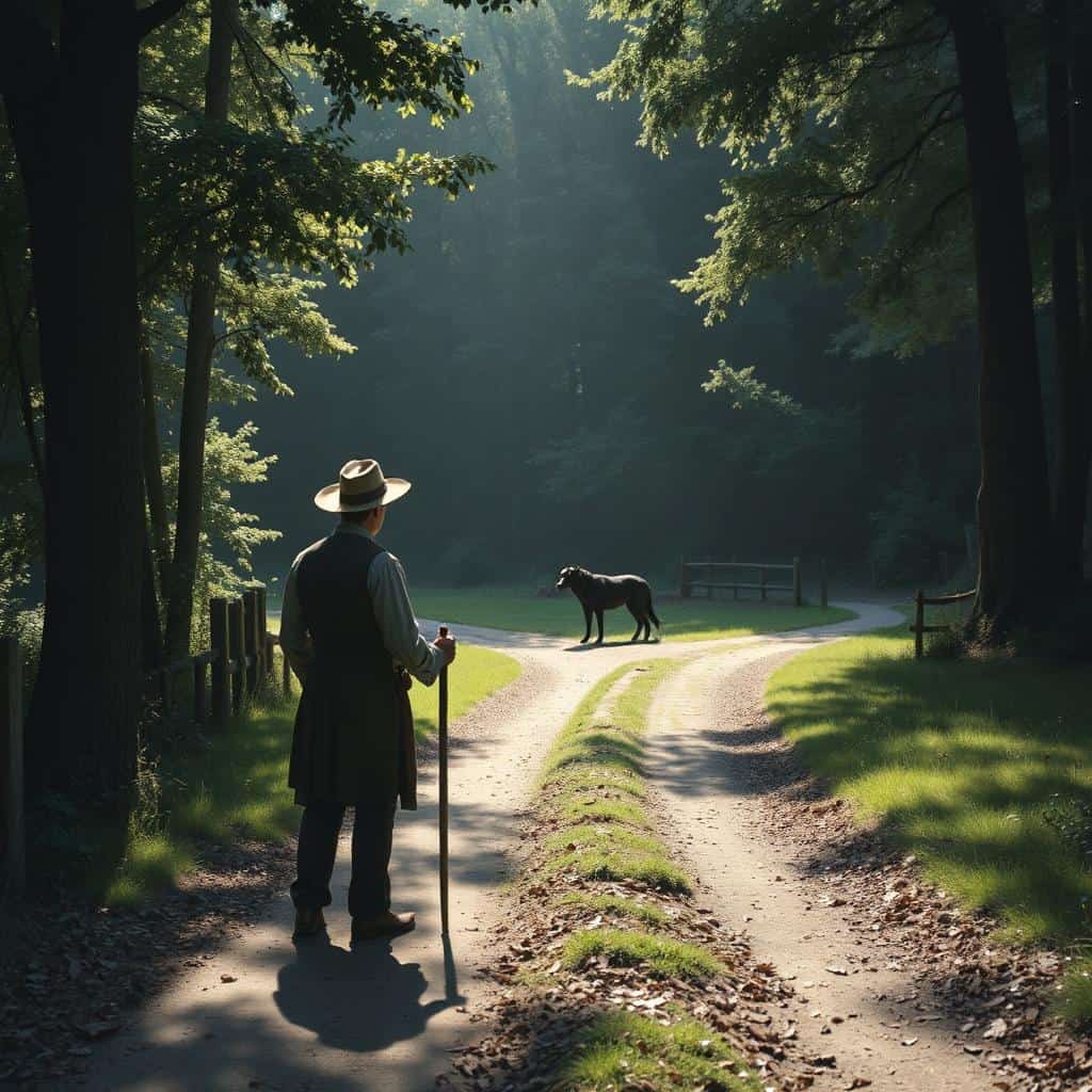 One Appalachian Black Dog Legend tells of a traveler with walking stick faceing a black dog at a sunlit crossroads