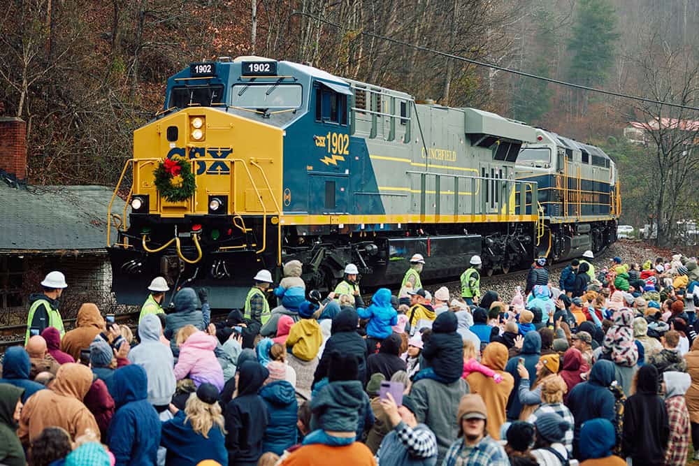 Appalachian Santa Train engine decorated for Christmas in Virginia