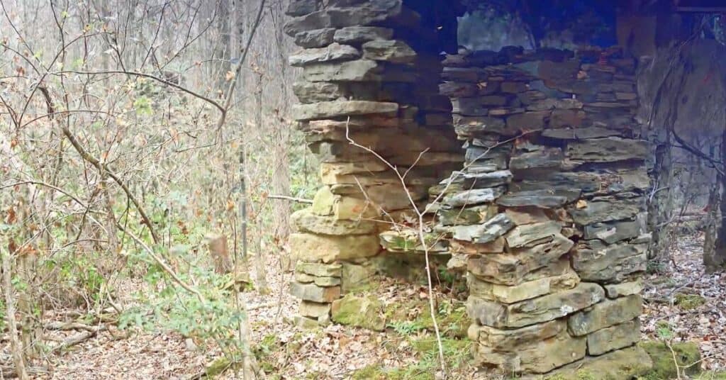 Remains of a stone chimney from a former home in Rock Castle Gorge, Virginia.
