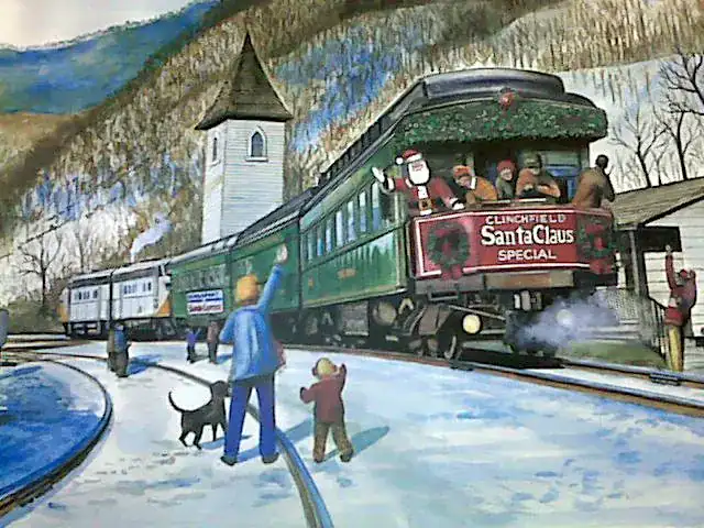 Vintage painting of the Clinchfield Santa Claus Special train