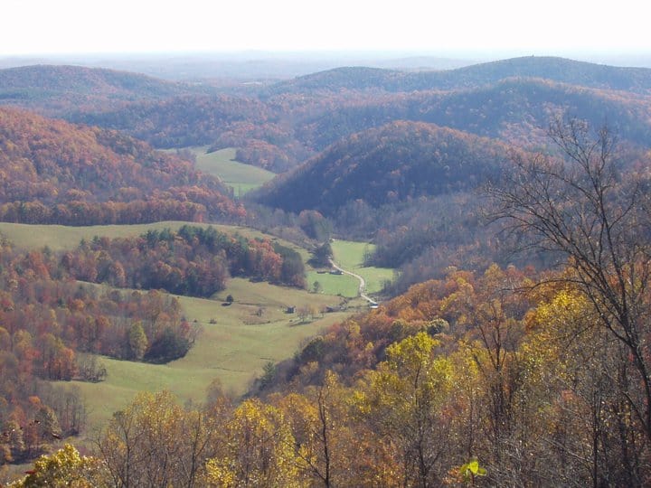 Ridge and valley landscape seen from Squirrel Spur Road near the Blue Ridge Parkway.