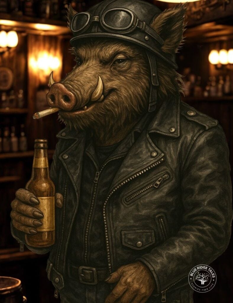 Anthropomorphic wild boar in motorcycle gear holding a beer.