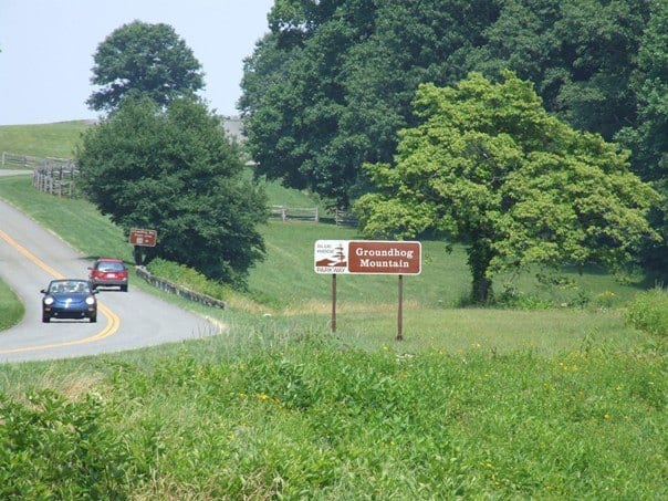 Groundhog Mountain sign along the Blue Ridge Parkway in summer.