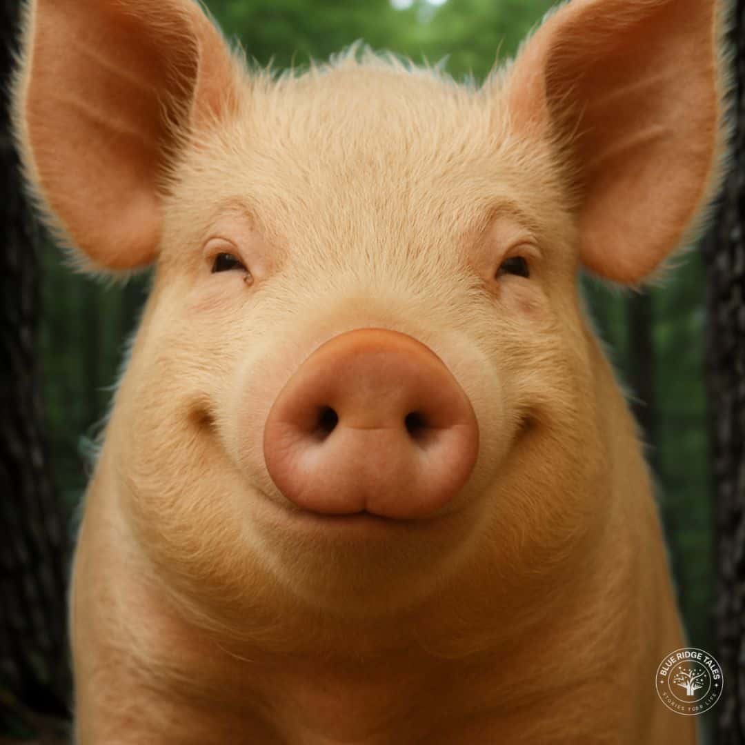 Close-up portrait of a smiling Appalachian hog in soft woodland light.