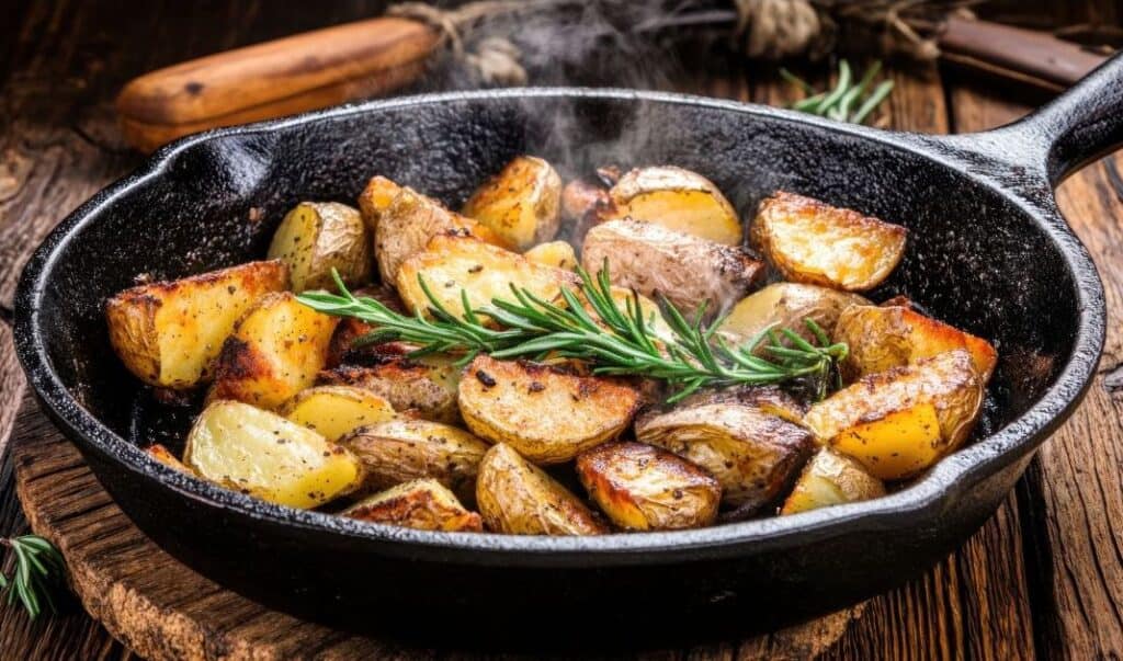 Roasted potato wedges sizzling in a cast iron skillet.