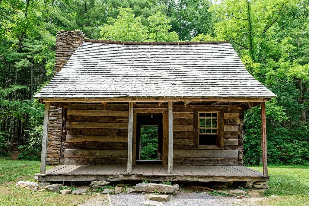 Historic cabin roof with a clear pitch that helps explain how an Appalachian cabin chimney fit the overall structure.