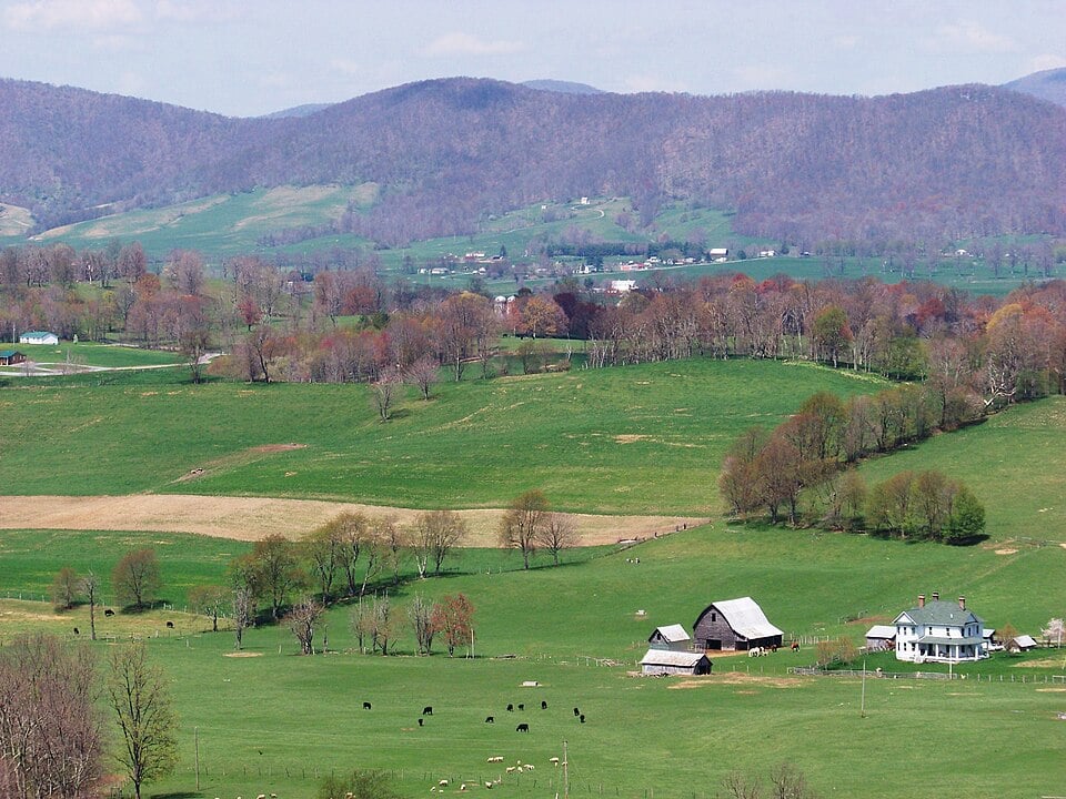 Farm fields and cattle grazing inside burkes garden virginia valley