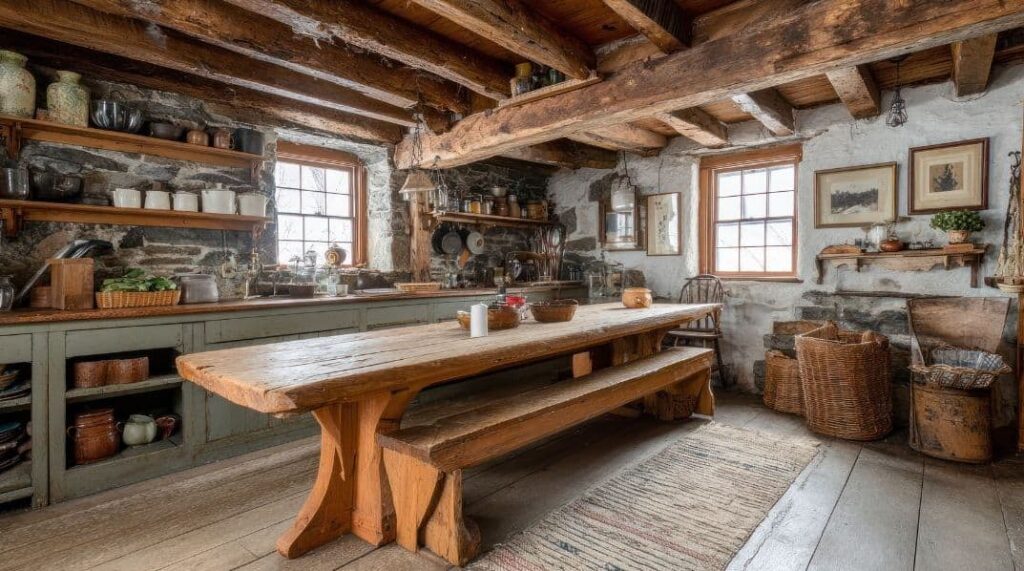 Simple Appalachian cabin kitchen with a long wooden table and shelves arranged for daily use