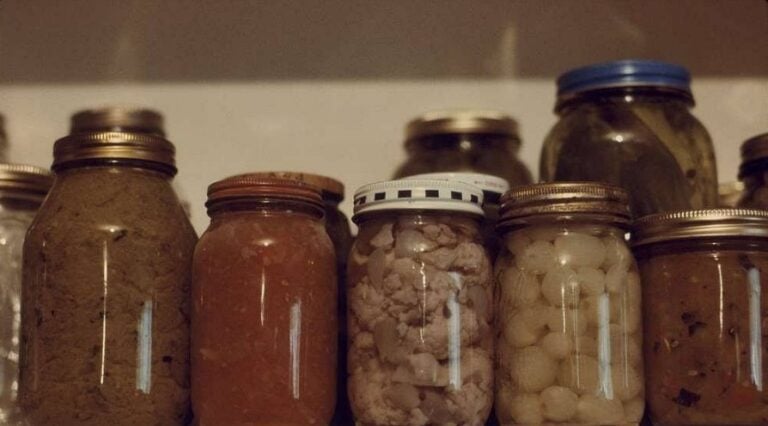 Shelf of home-canned foods, including meat jars associated with canning sausage and other preserved foods.