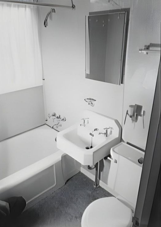 Plain 1940s indoor bathroom with basic fixtures