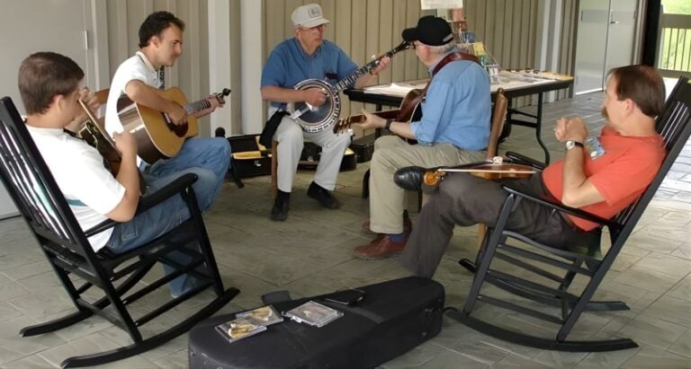 Musicians playing an informal jam in the breezeway at the Blue Ridge Music Center along The Crooked Road in Virginia