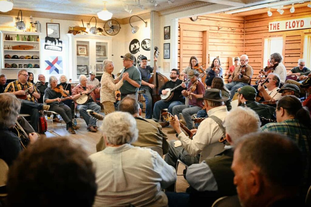 Old-time jam session inside Floyd Country Store on The Crooked Road in Southwest Virginia