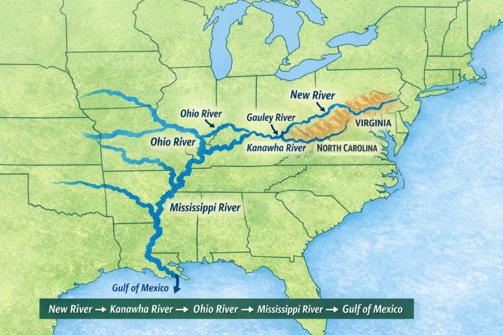 Map showing the New River flowing north into the Kanawha, Ohio, and Mississippi River systems before reaching the Gulf of Mexico.