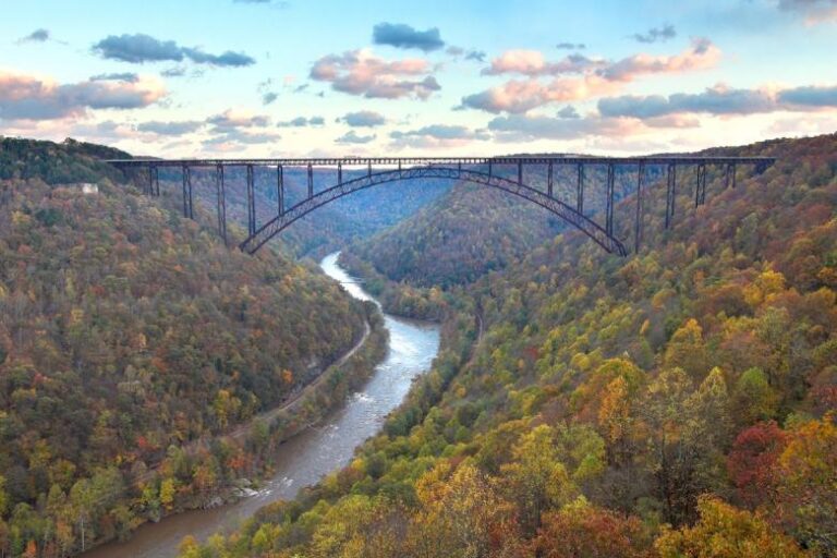 New River Gorge in West Virginia showing the river cutting through steep Appalachian ridges.