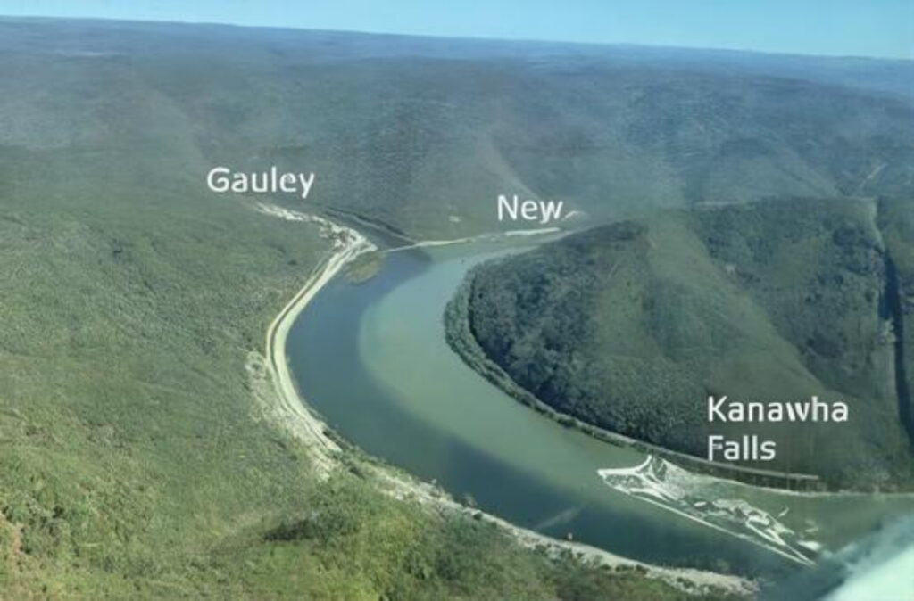 Aerial view of the New River joining the Gauley River to form the Kanawha River in West Virginia.