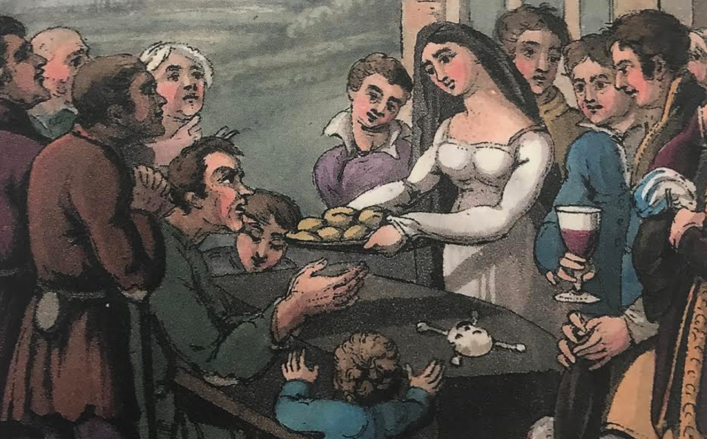 Historic illustration of British sin-eating, an earlier tradition related to funeral food customs.