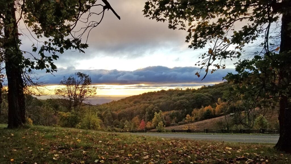 Rocky Knob Recreation Area overlook along the Blue Ridge Parkway at sunset