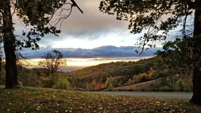 Rocky Knob Recreation Area overlook along the Blue Ridge Parkway at sunset