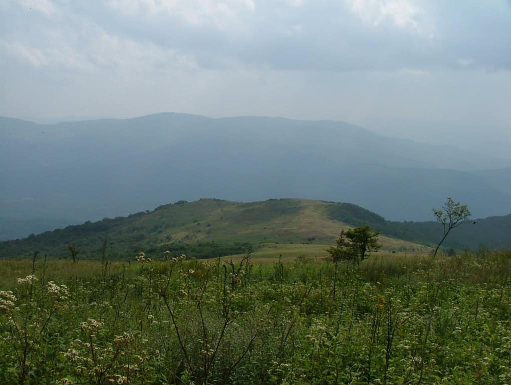 Hazy view from Whitetop Mountain with reduced visibility across the ridges