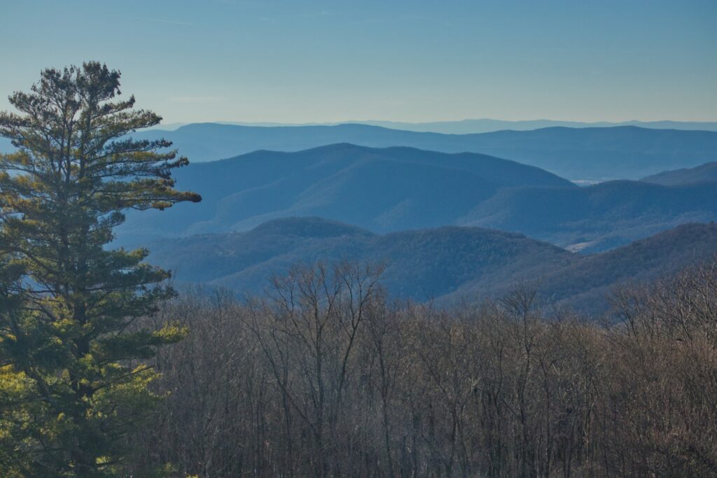 Blue Ridge mountain ridges and valleys showing the terrain that shaped Appalachian fiddle tunes