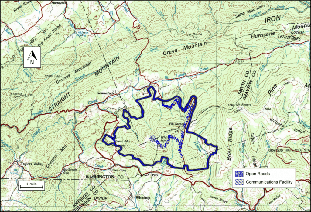 Topographic map showing Whitetop Mountain and surrounding roads in southwest Virginia