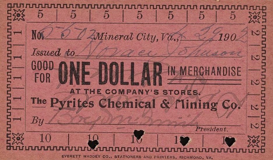 Paper coal scrip issued by the Pyrites Chemical and Mining Company