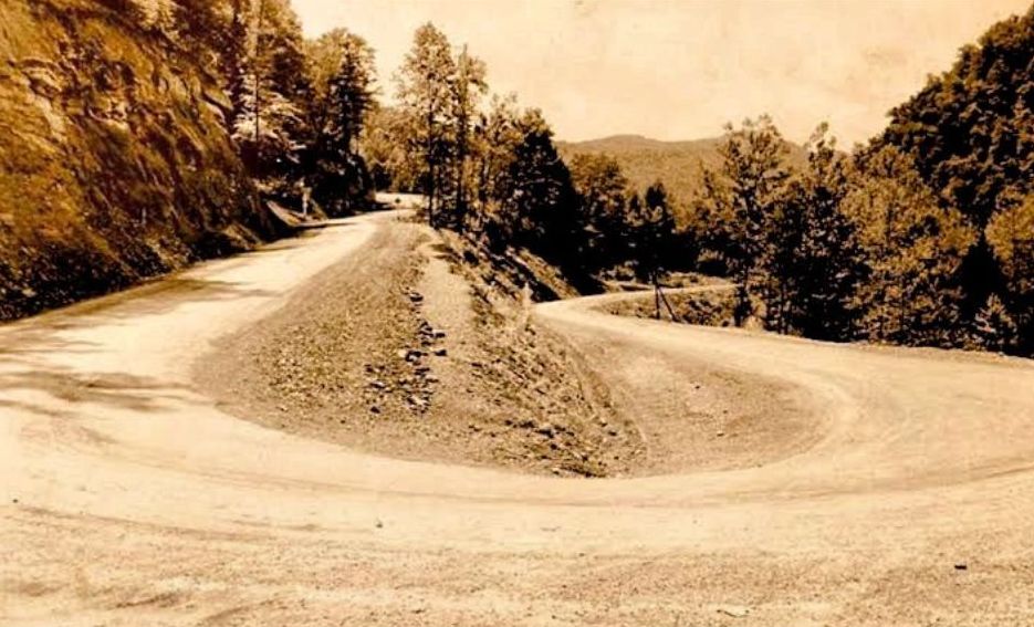 Jefferson National Forest road with a sharp switchback turn on steep mountain terrain