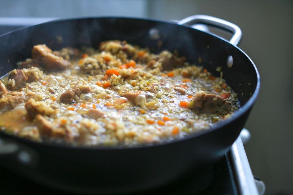 Stew simmering in a skillet for an Appalachian small game meal