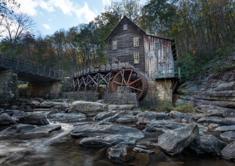 Appalachian grist mill beside a rocky mountain stream