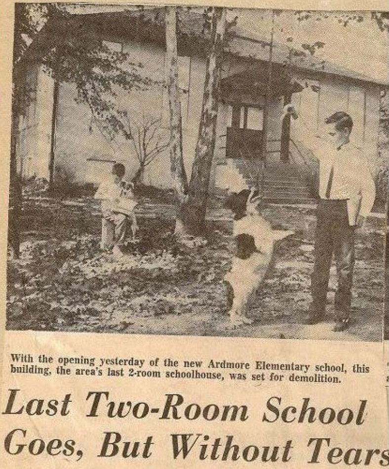 Newspaper clipping announcing the closure of Ardmore Elementary, one of the last community schoolhouses near Washington, D.C.