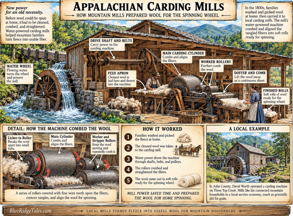 Infographic showing how an Appalachian water-powered carding mill prepared wool for spinning
