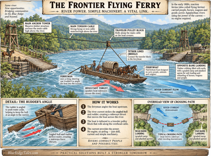 Illustration showing how an Appalachian ferryman operated a reaction ferry using an overhead cable and river current.