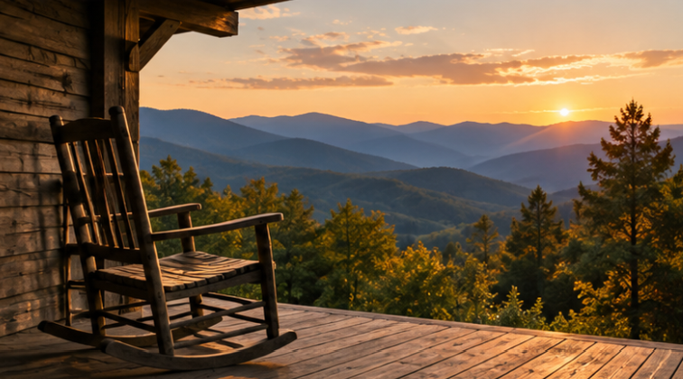 Scenic view of Blue Ridge Mountains at sunset from a wooden porch.