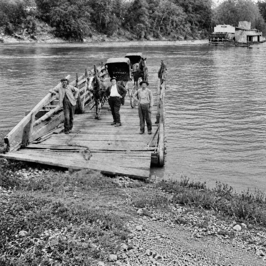 Appalachian ferryman and passengers aboard a rope ferry at Burnside, Kentucky, around 1910.
