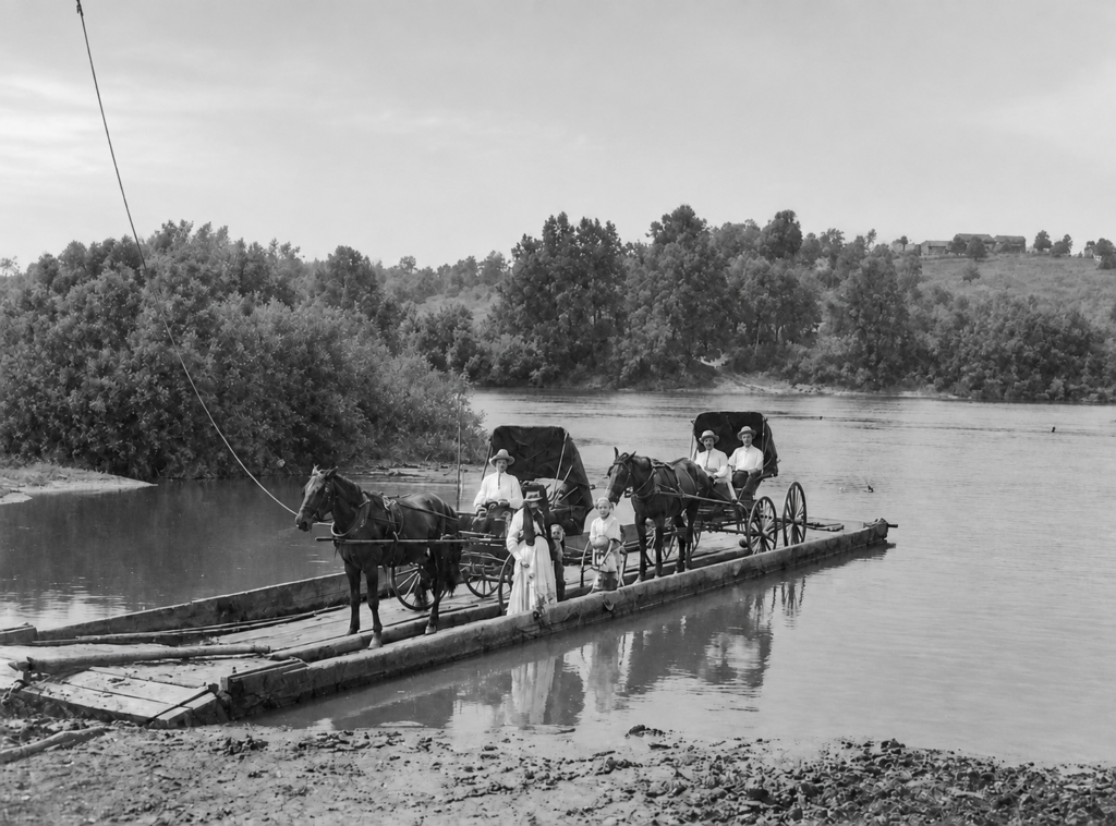 Appalachian ferryman ferrying horse-drawn carriages across the river at Scottsville, Virginia.