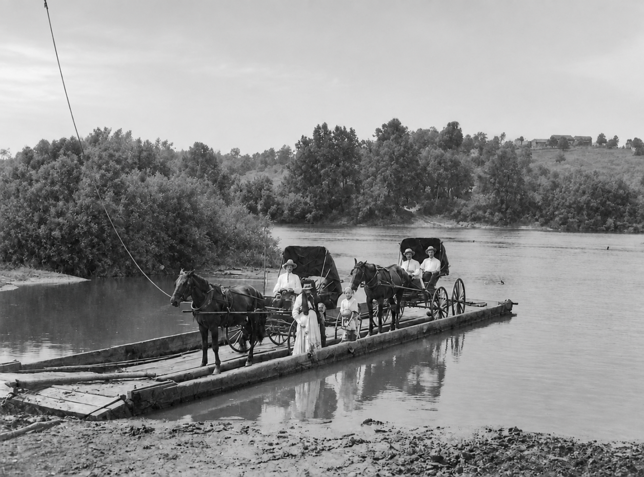 Appalachian ferryman ferrying horse-drawn carriages across the river at Scottsville, Virginia.