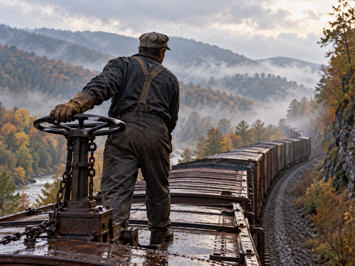 Brakeman turning a hand brake atop a freight car on a misty mountain grade