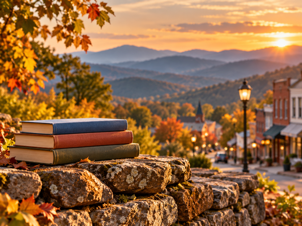 Stack of books on stone wall with Blue Ridge Mountains in fall background.