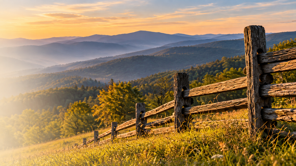 Scenic view of Blue Ridge Mountains at sunset with rustic fence in foreground.