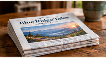 Stack of Blue Ridge Tales newspapers on a wooden table.